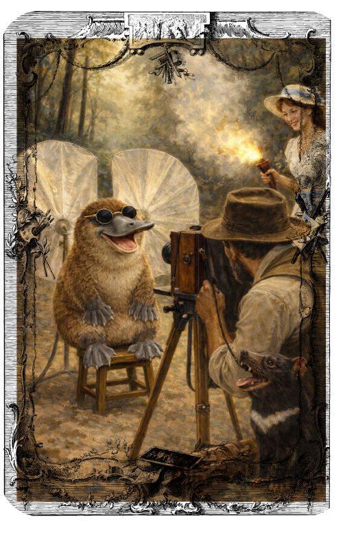 A cheerful platypus with webbed feet and a long bill sits on a wooden stool facing an early 1900s photographer, while a woman ignites a flash powder and a Tasmanian devil watches, all set in a sunlit Australian bush scene painted in a classic Tom Roberts style.